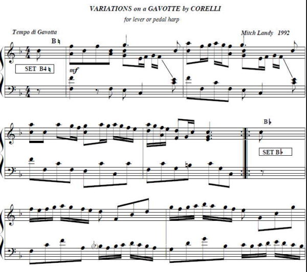 Muestra de las 'Variations on a Gavotte by Corelli' para arpa folk