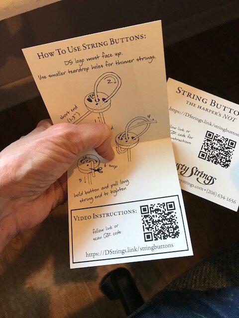 The instruction booklet for string buttons at Melody's