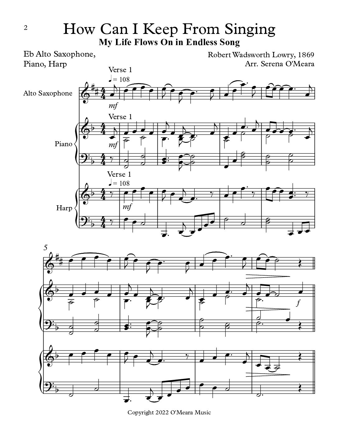 How Can I Keep From Singing, Trio for Eb Alto Saxophone, Piano & Harp - Image 2
