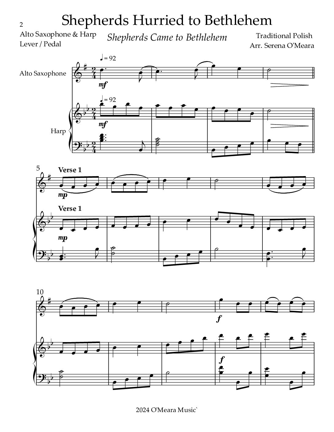 Shepherds Hurried to Bethlehem, Duet for Eb Alto Saxophone & Harp - Image 2