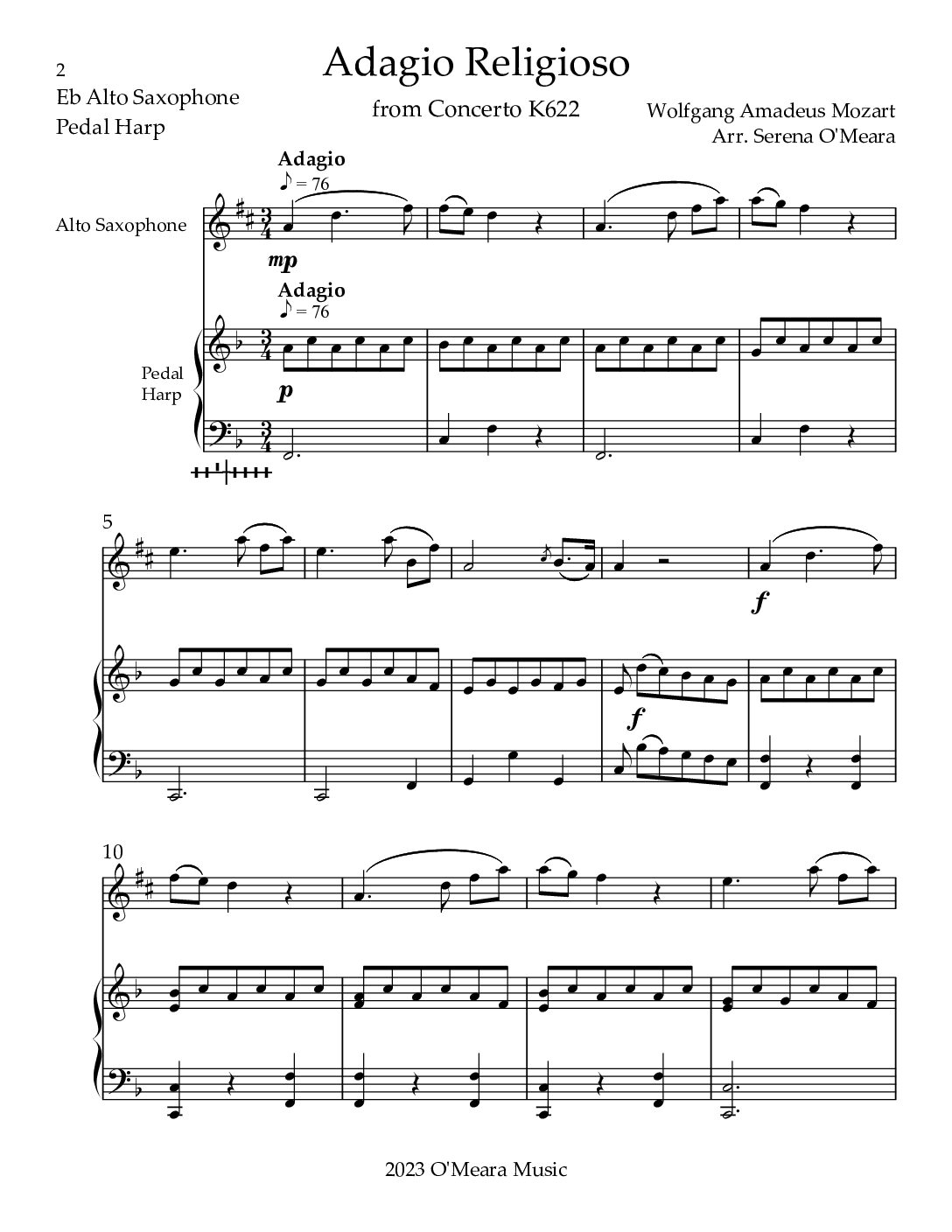 Adagio Religioso, K622, Duet for Eb Alto Saxophone & Pedal Harp - Image 2