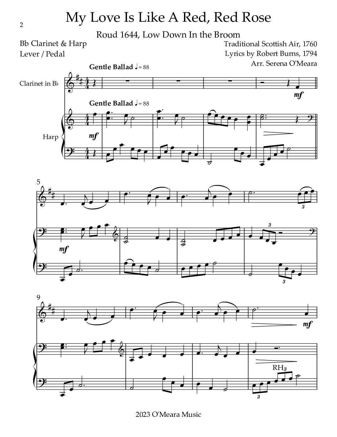 My Love Is Like A Red, Red Rose, Bb Clarinet & Harp Duet - Image 2