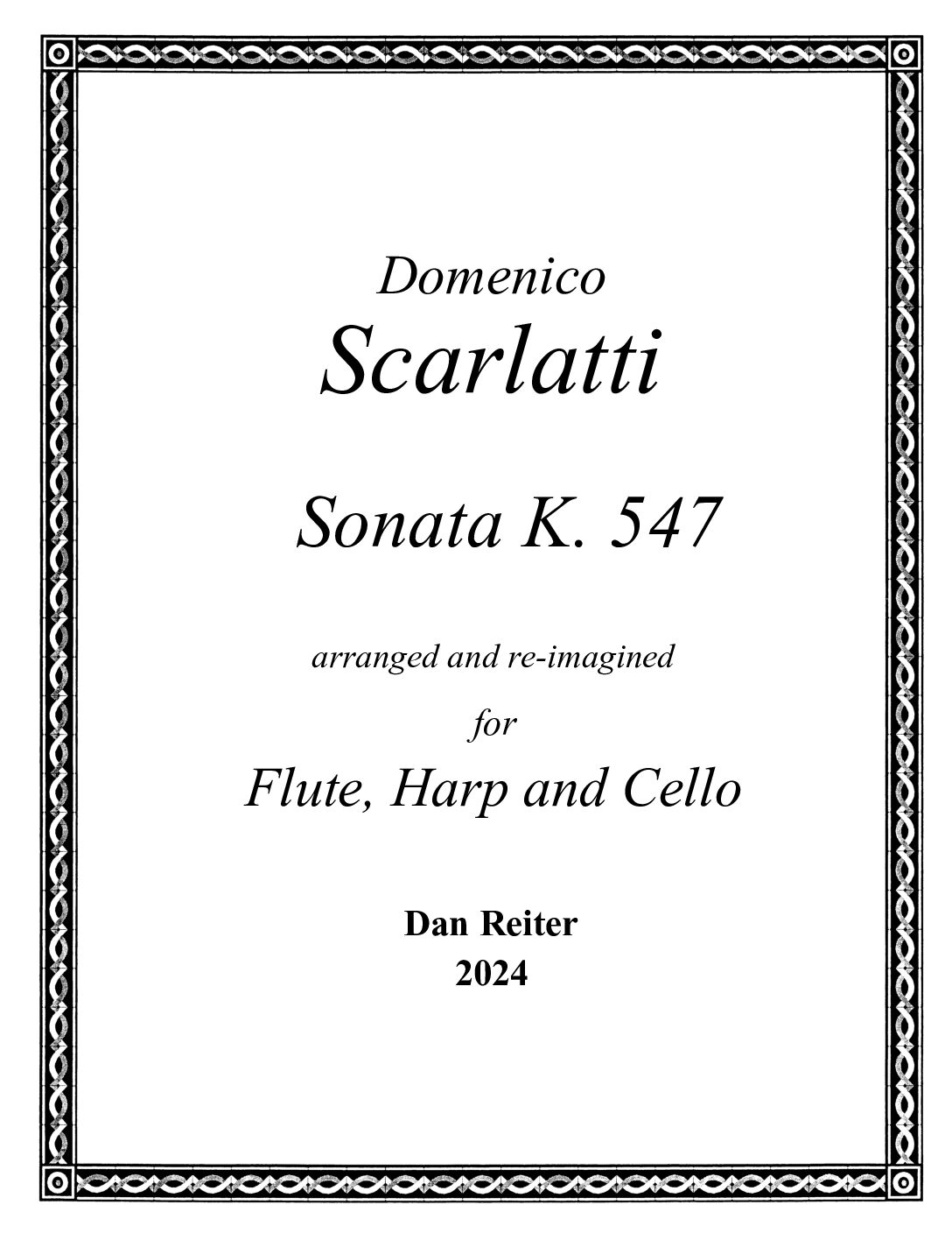 Scarlatti - Sonata K 547- arranged for Flute, Harp, and Cello