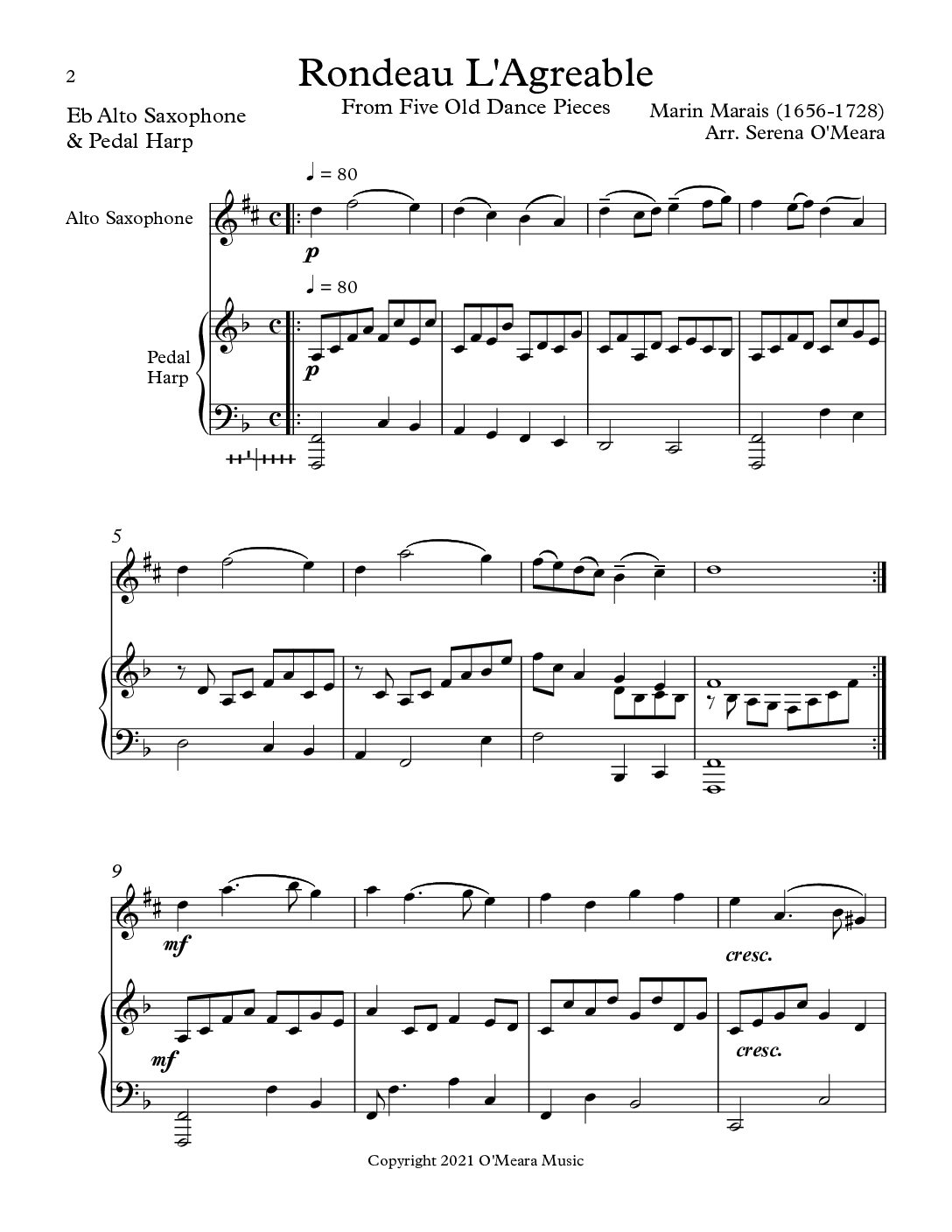 Rondeau L’Agreable, Duet for Eb Alto Saxophone & Pedal Harp - Image 2