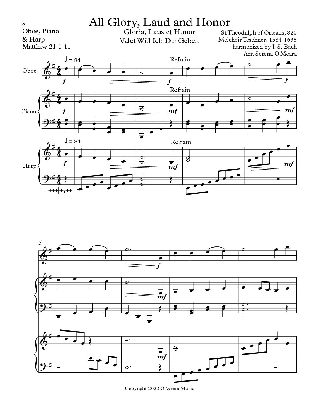 All Glory, Laud and Honor Trio for Oboe, Harp and Piano - Image 2