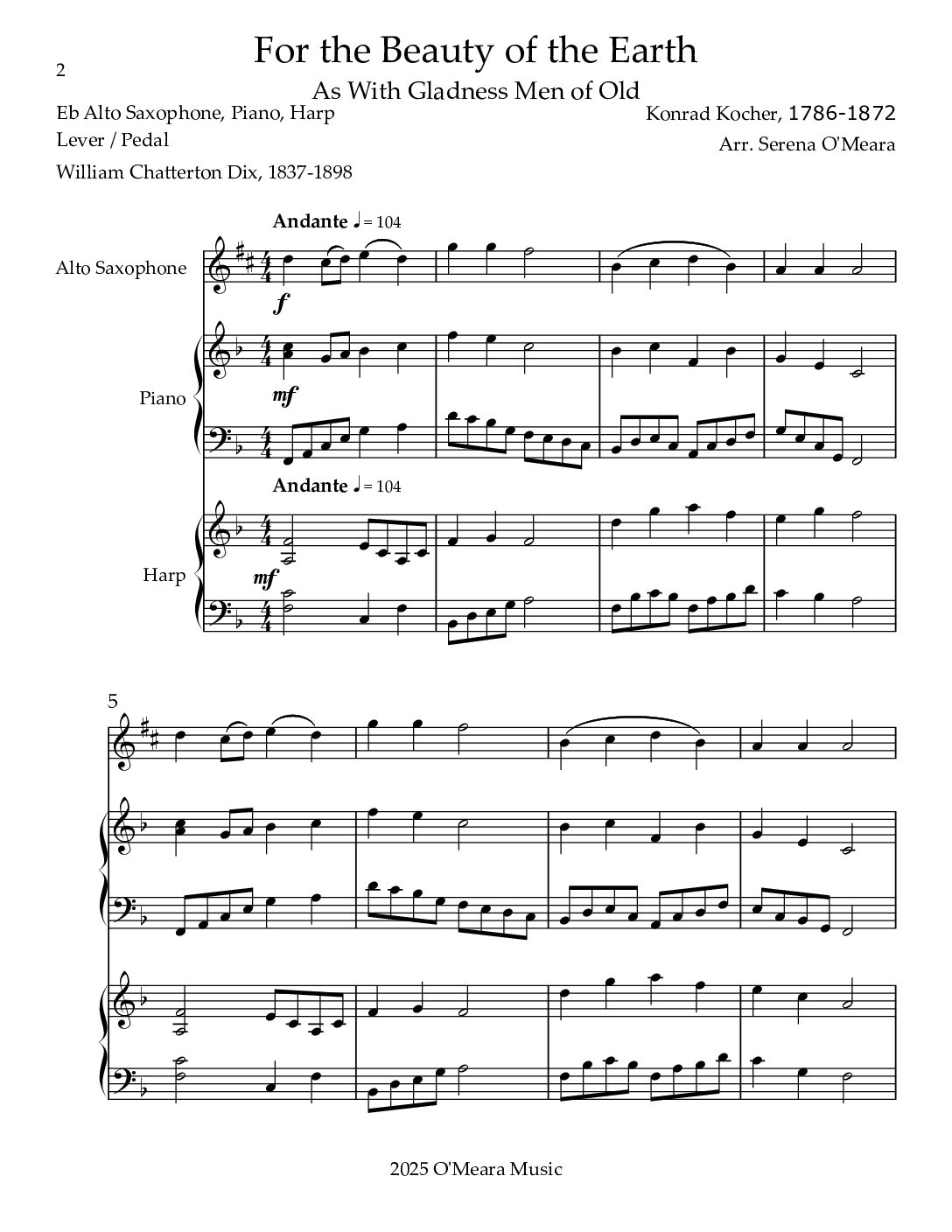 For the Beauty of the Earth, Trio for Eb Alto Saxophone, Piano & Harp - Image 2