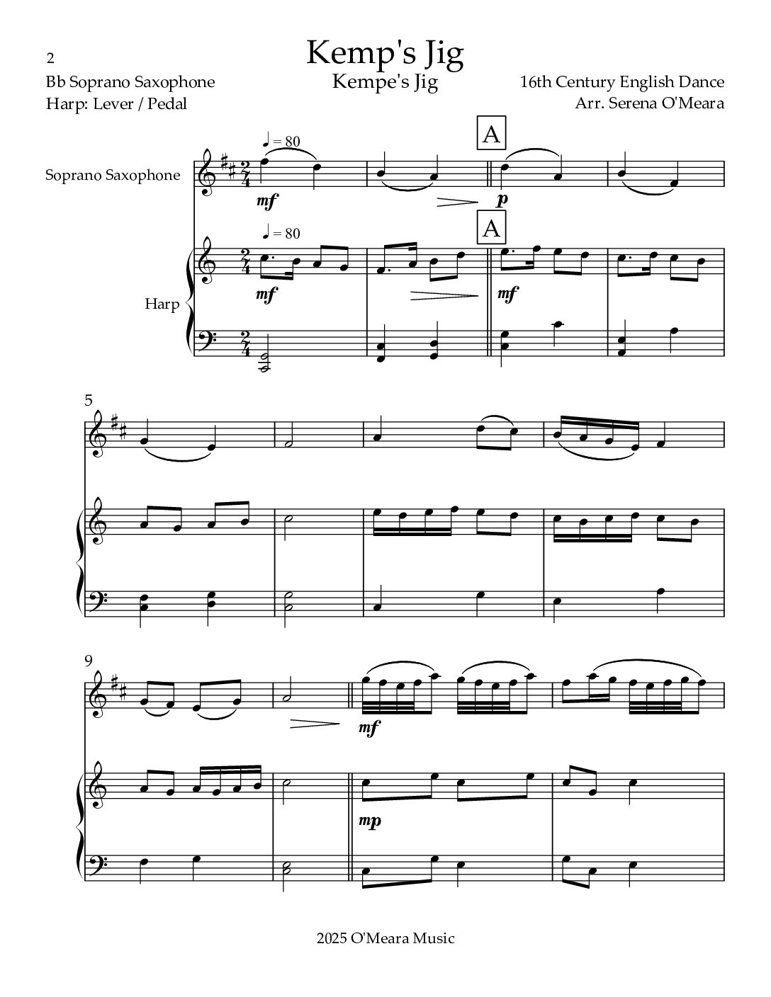 Kemp’s Jig, Duet for Bb Soprano Saxophone & Harp - Image 2