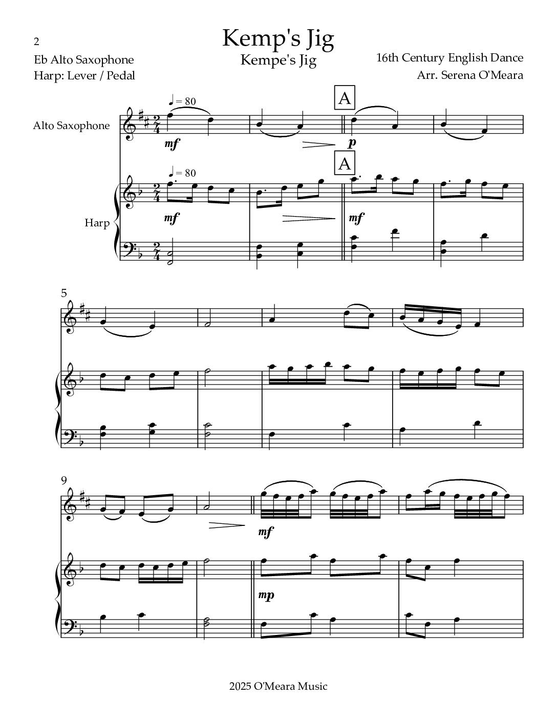 Kemp’s Jig, Duet for Eb Alto Saxophone & Harp - Image 2