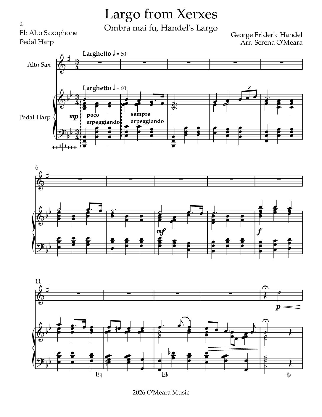 Largo from Xerxes, Duet for Eb Alto Saxophone & Pedal Harp - Image 2