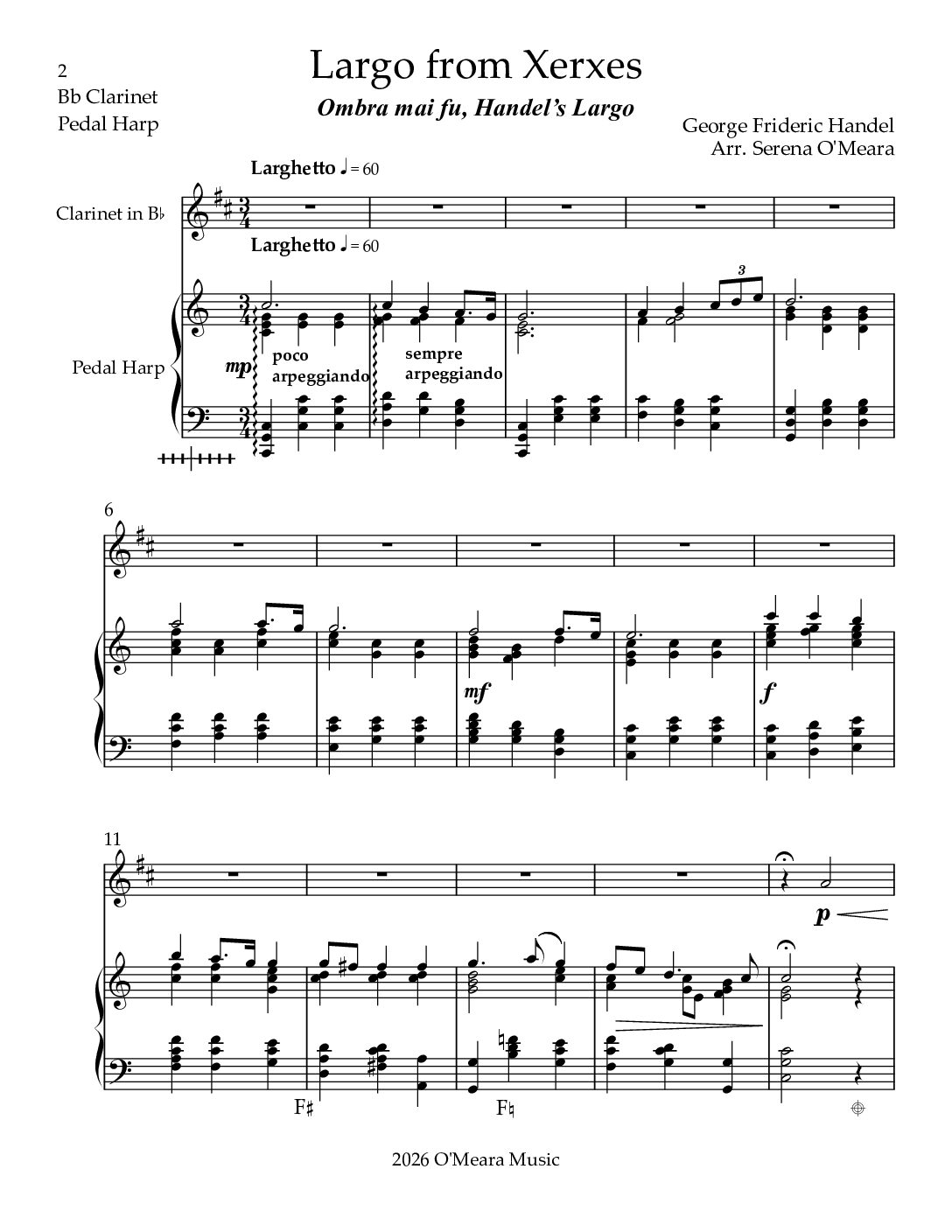 Largo from Xerxes, Duet for Bb Clarinet & Pedal Harp - Image 2