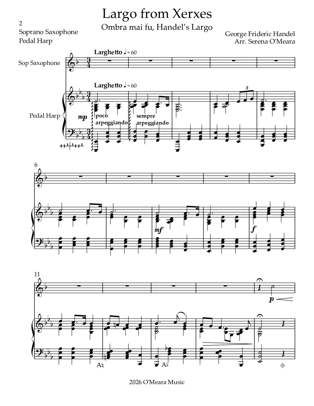 Largo from Xerxes, Duet for Bb Soprano Saxophone & Pedal Harp - Image 2