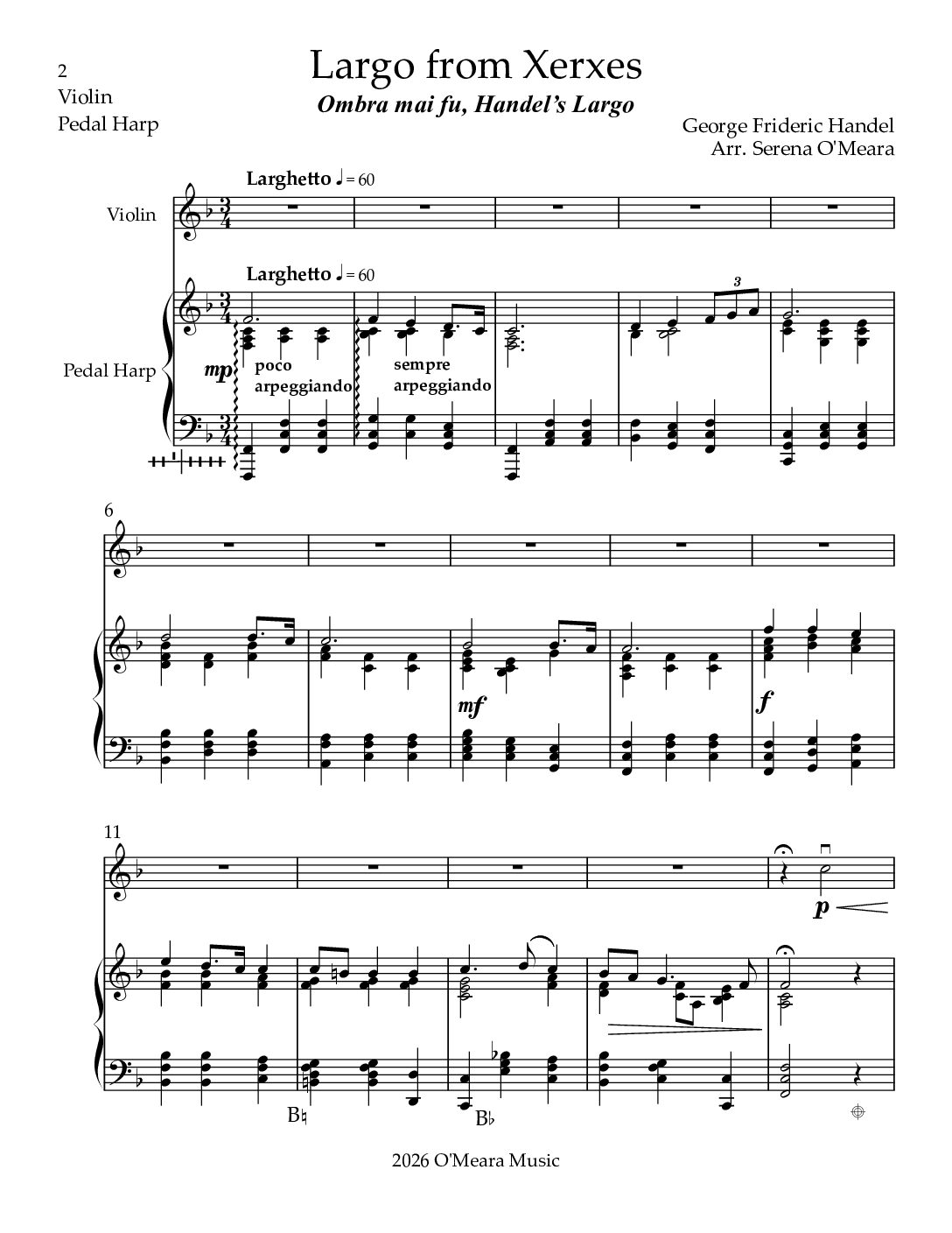 Largo from Xerxes, Duet for Violin & Pedal Harp - Image 2