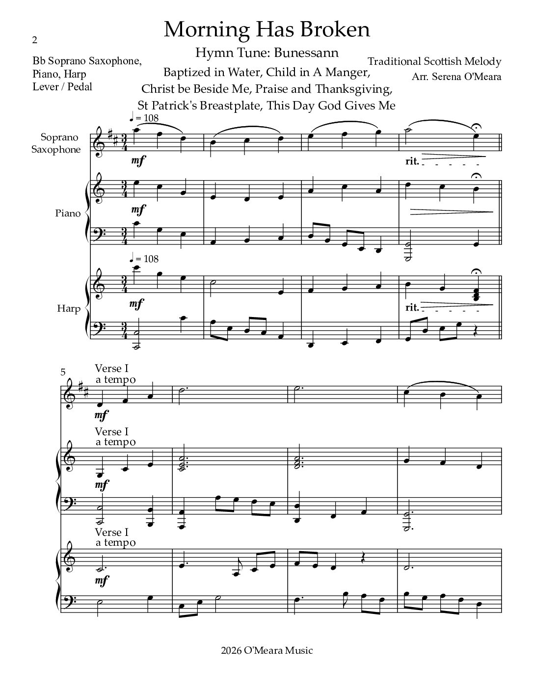 Morning Has Broken, Trio for Bb Soprano Saxophone, Piano & Harp - Image 2