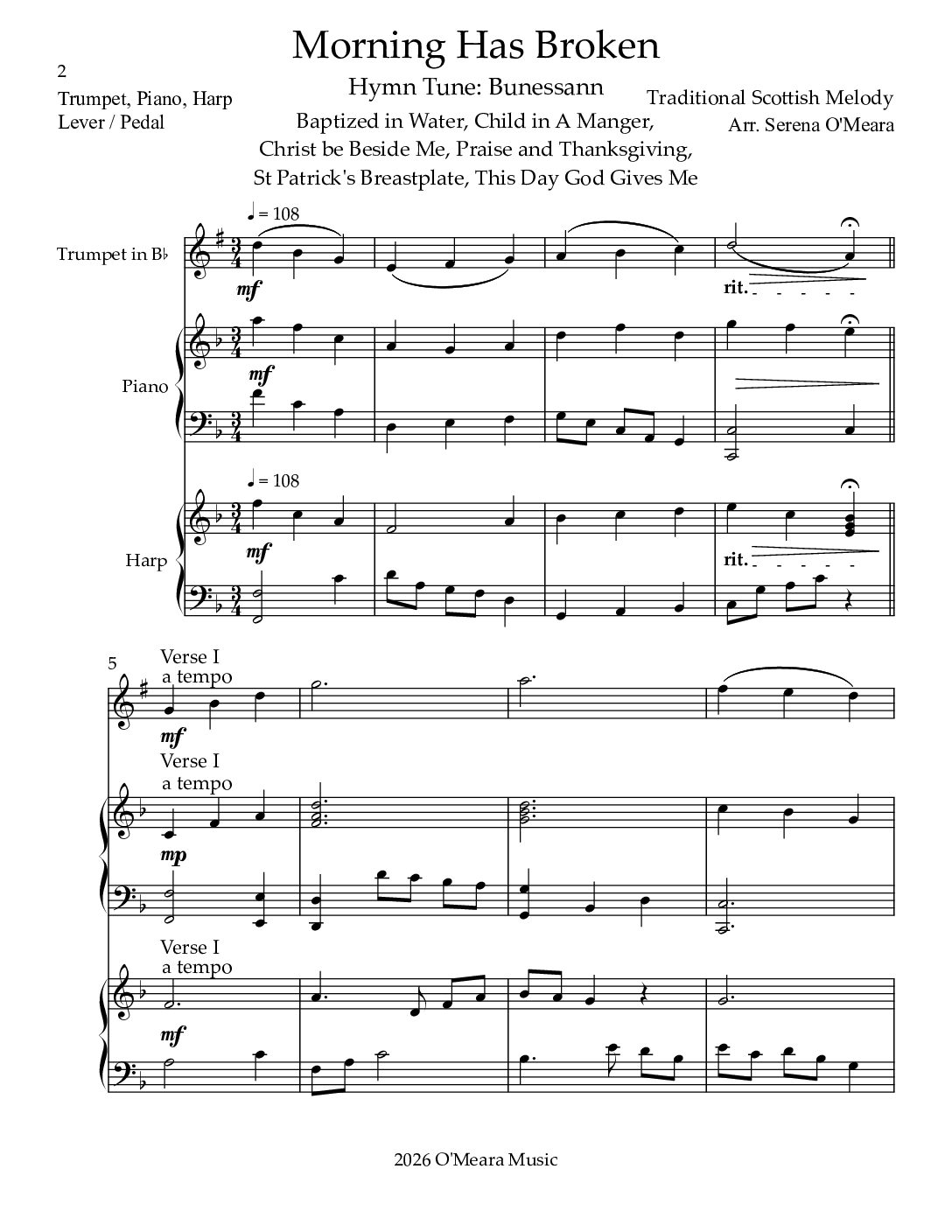 Morning Has Broken, Trio for Bb Trumpet, Piano & Harp - Image 2
