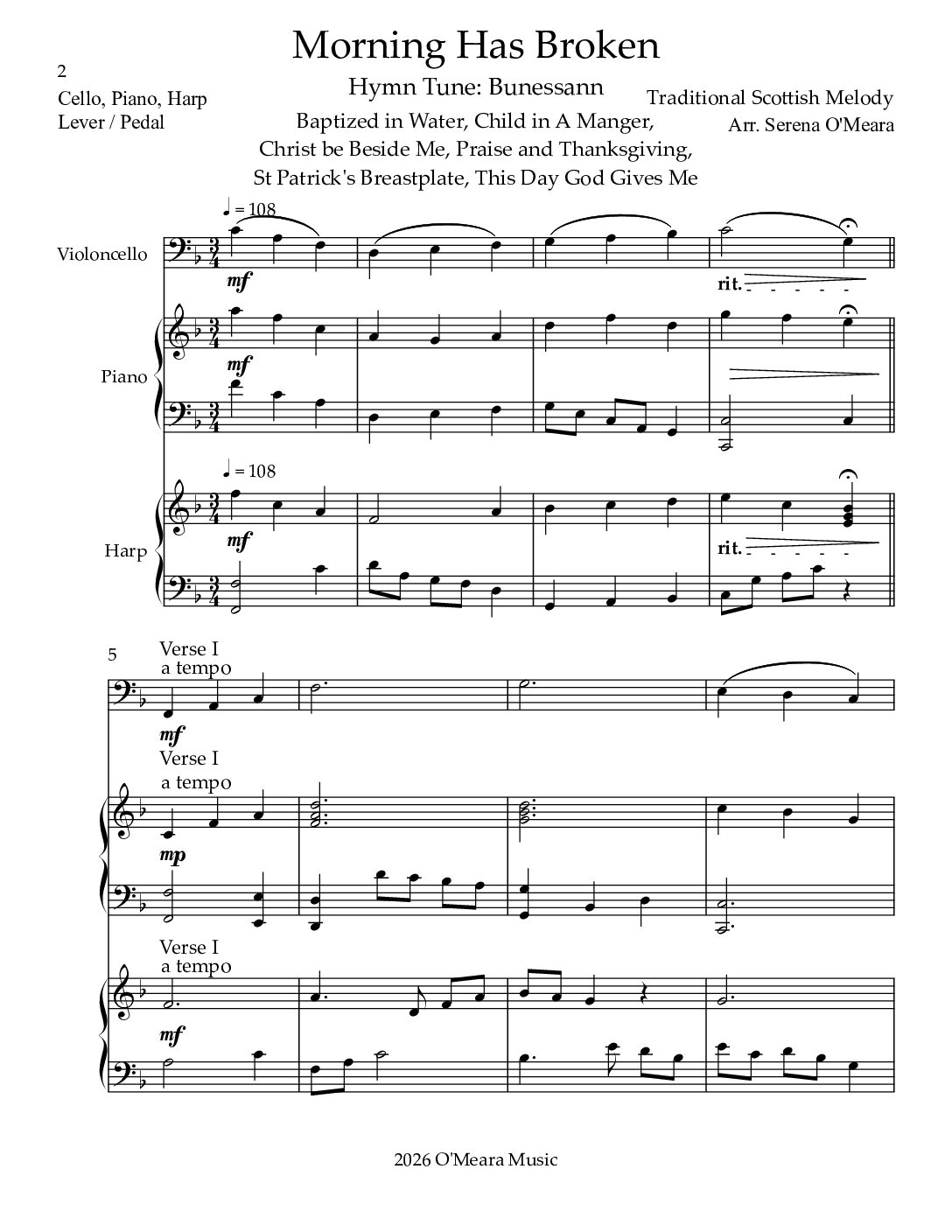 Morning Has Broken, Trio for Cello, Piano & Harp - Image 2