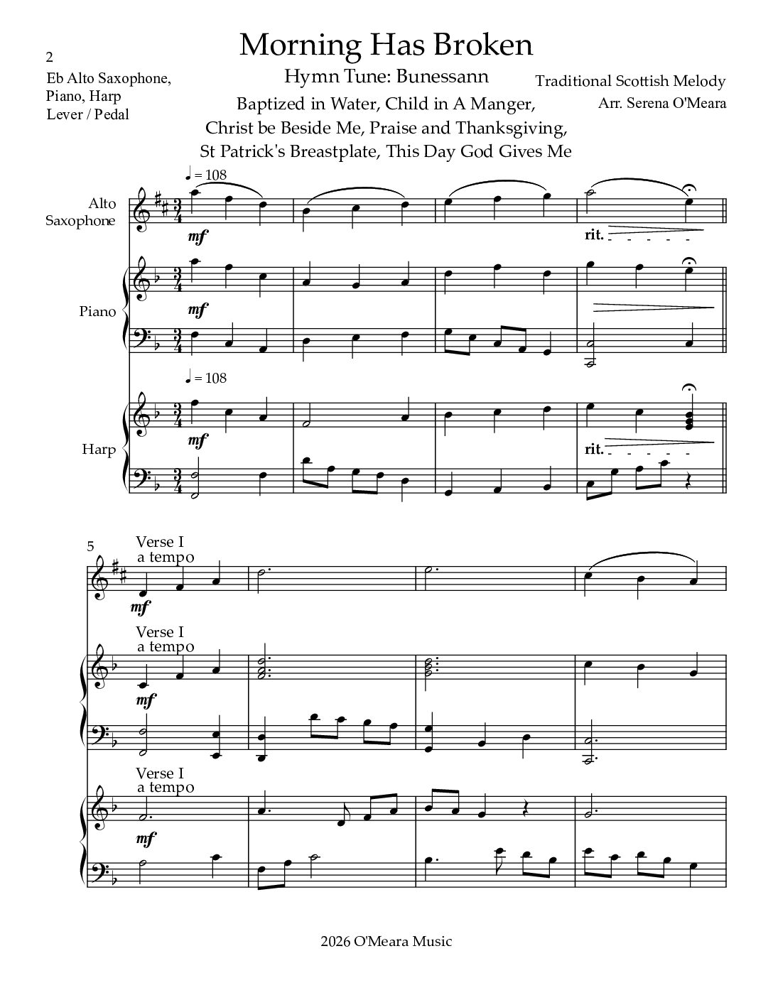Morning Has Broken, Trio for Eb Alto Saxophone, Piano & Harp - Image 2