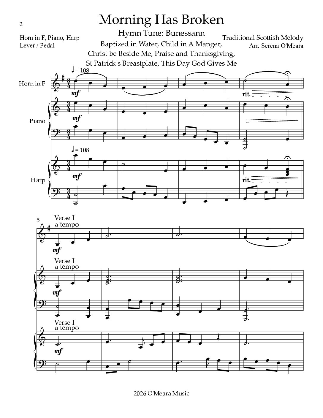 Morning Has Broken, Trio for Horn in F, Piano & Harp - Image 2