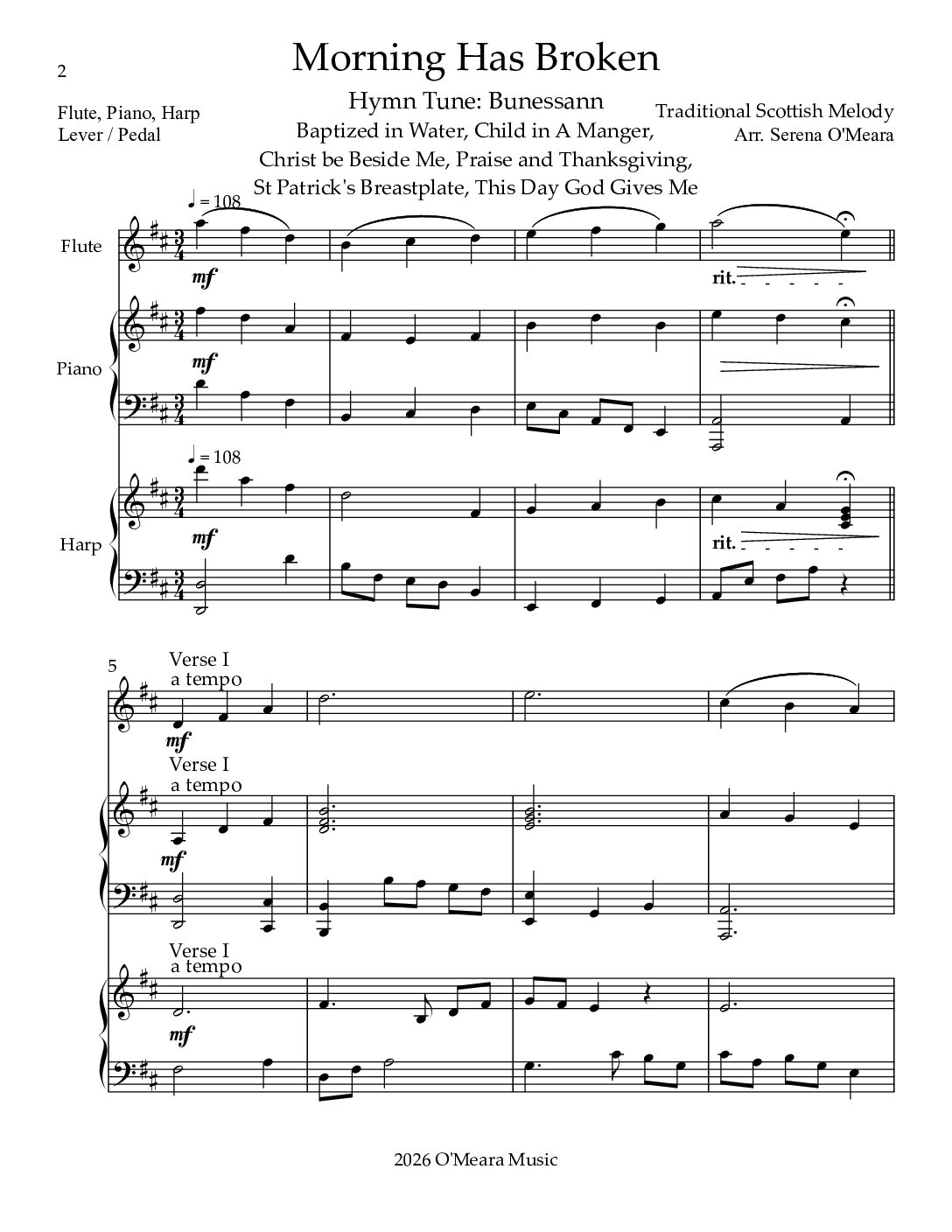 Morning Has Broken, Trio for Flute, Piano & Harp - Image 2
